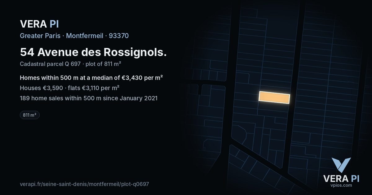 54 Avenue des Rossignols, Montfermeil at night – the plot lit, the parcels around coloured by the prices near them