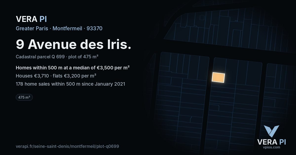 9 Avenue des Iris, Montfermeil at night – the plot lit, the parcels around coloured by the prices near them