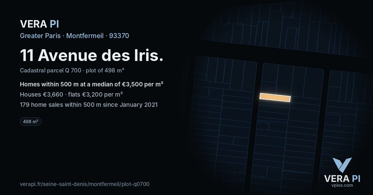 11 Avenue des Iris, Montfermeil at night – the plot lit, the parcels around coloured by the prices near them