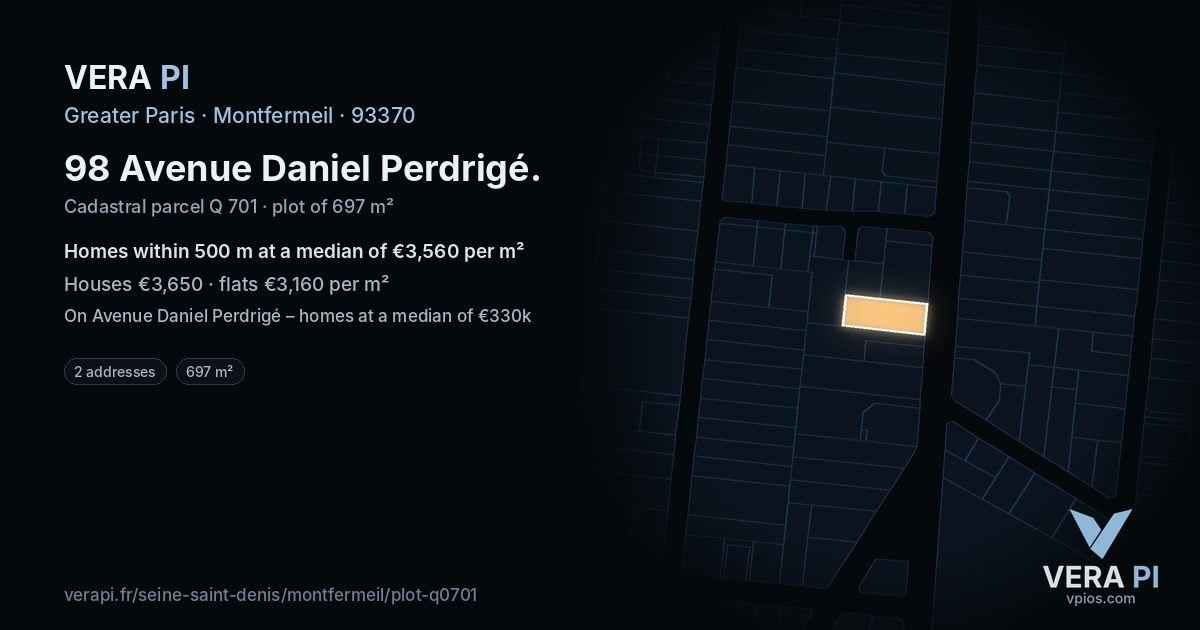 98 Avenue Daniel Perdrigé, Montfermeil at night – the plot lit, the parcels around coloured by the prices near them