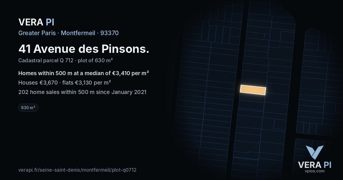 41 Avenue des Pinsons, Montfermeil at night – the plot lit, the parcels around coloured by the prices near them