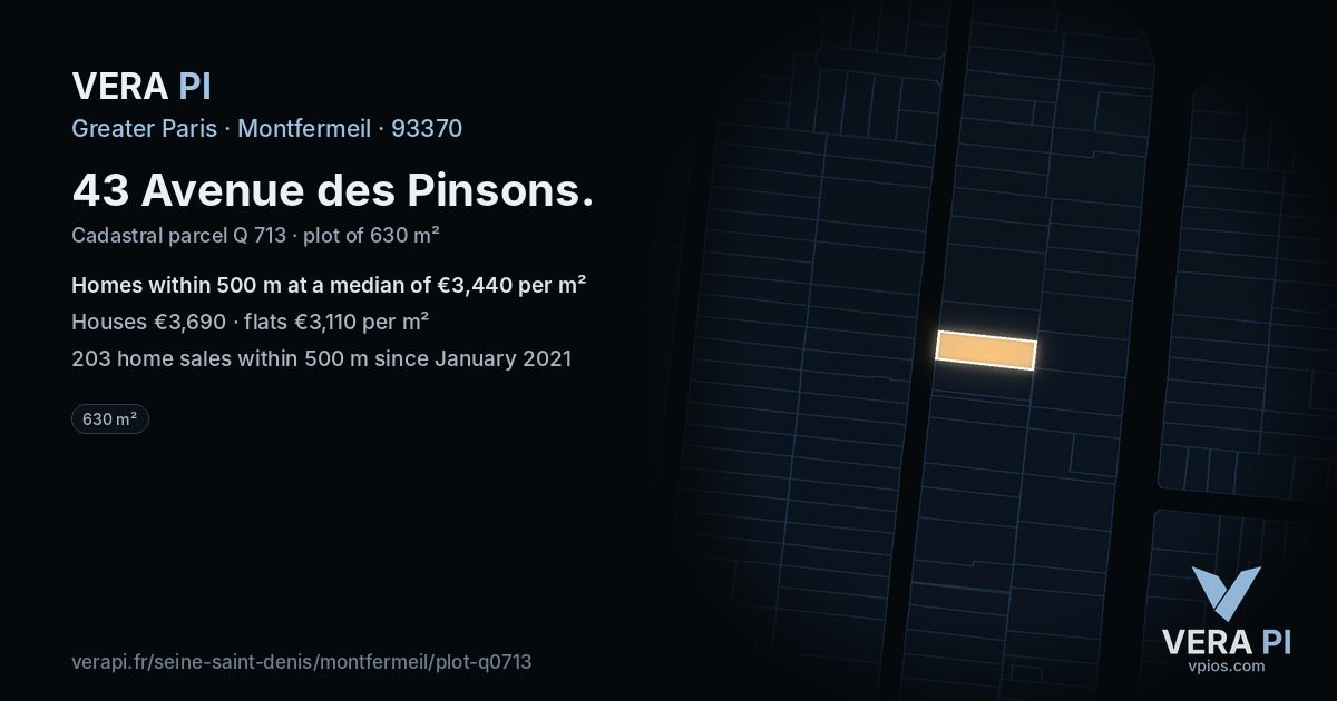 43 Avenue des Pinsons, Montfermeil at night – the plot lit, the parcels around coloured by the prices near them