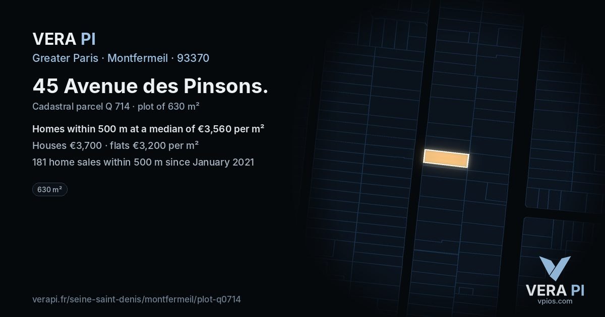 45 Avenue des Pinsons, Montfermeil at night – the plot lit, the parcels around coloured by the prices near them