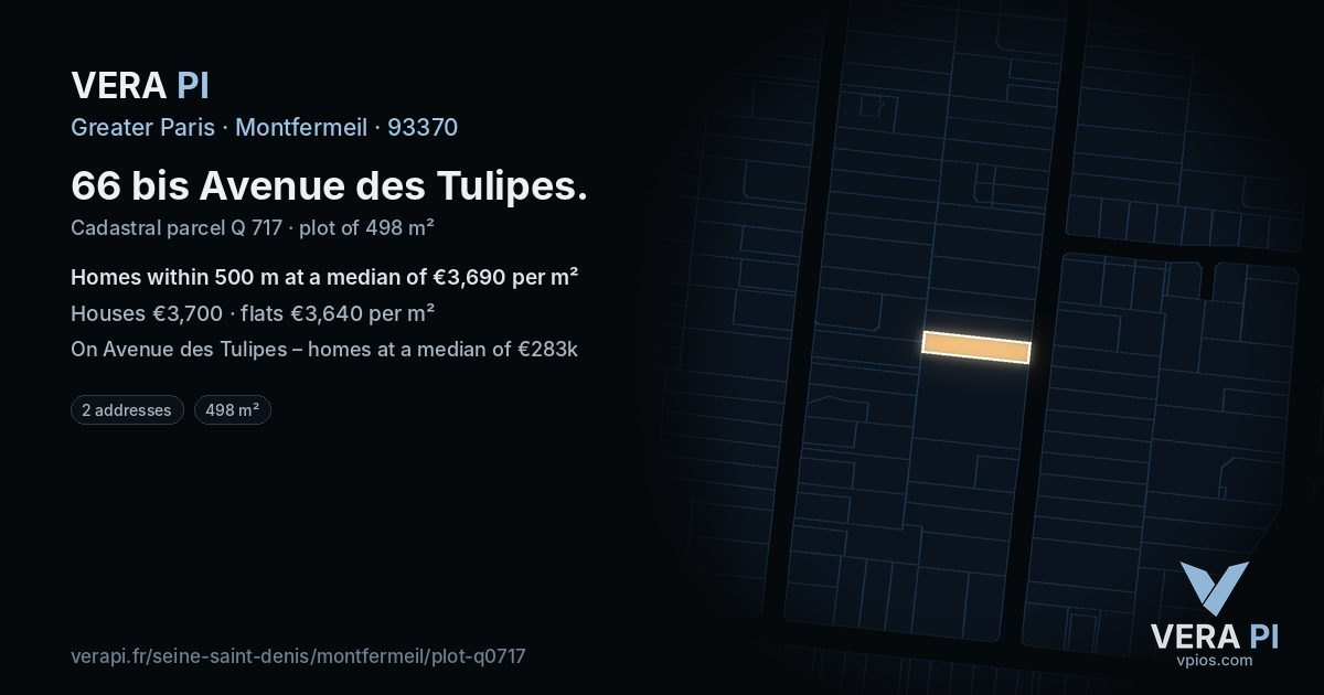 66 bis Avenue des Tulipes, Montfermeil at night – the plot lit, the parcels around coloured by the prices near them
