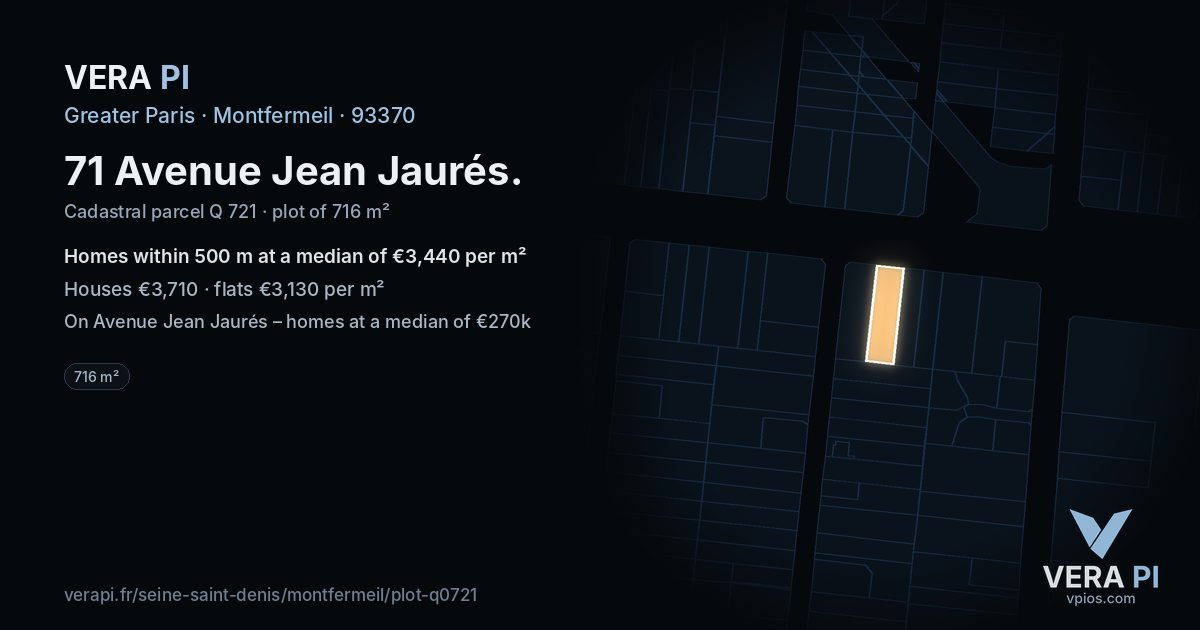 71 Avenue Jean Jaurés, Montfermeil at night – the plot lit, the parcels around coloured by the prices near them