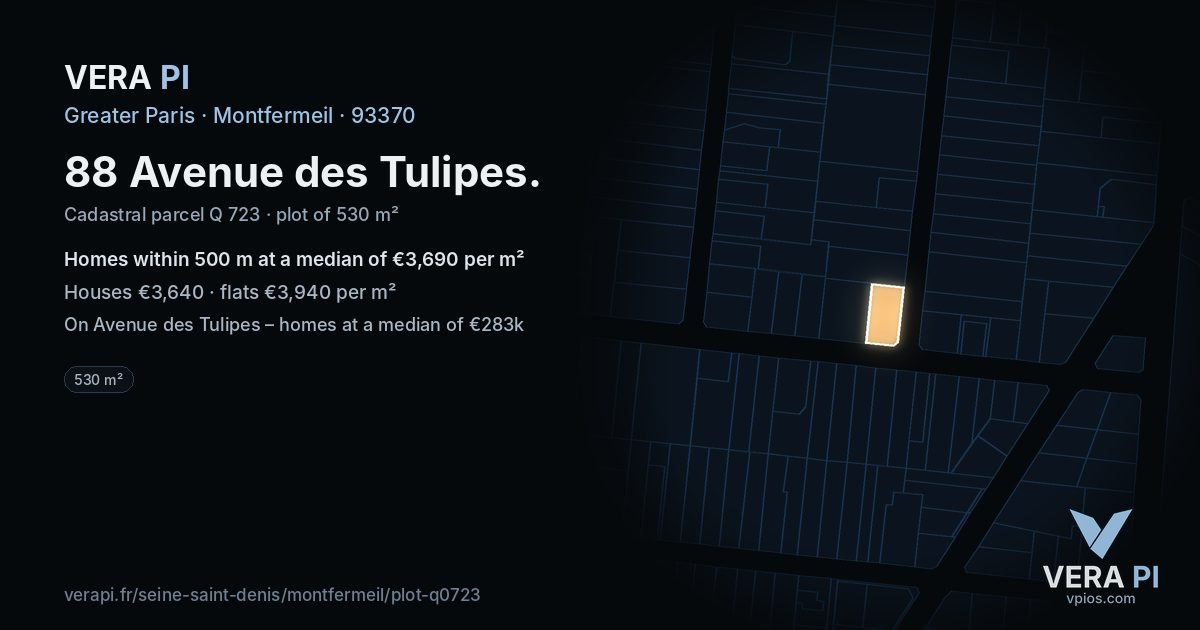 88 Avenue des Tulipes, Montfermeil at night – the plot lit, the parcels around coloured by the prices near them
