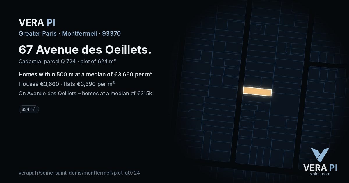 67 Avenue des Oeillets, Montfermeil at night – the plot lit, the parcels around coloured by the prices near them