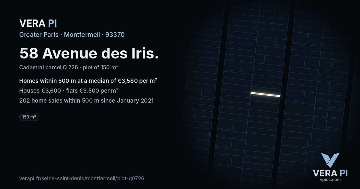 58 Avenue des Iris, Montfermeil at night – the plot lit, the parcels around coloured by the prices near them