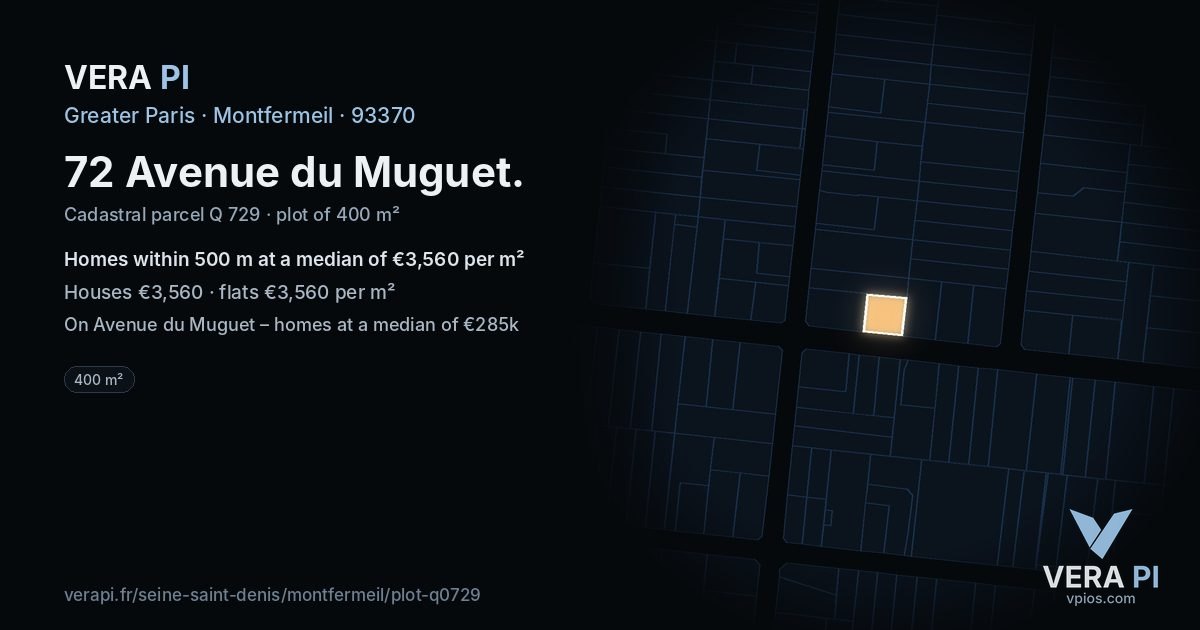 72 Avenue du Muguet, Montfermeil at night – the plot lit, the parcels around coloured by the prices near them