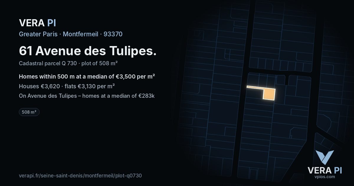 61 Avenue des Tulipes, Montfermeil at night – the plot lit, the parcels around coloured by the prices near them