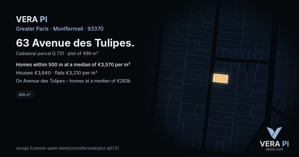 63 Avenue des Tulipes, Montfermeil at night – the plot lit, the parcels around coloured by the prices near them