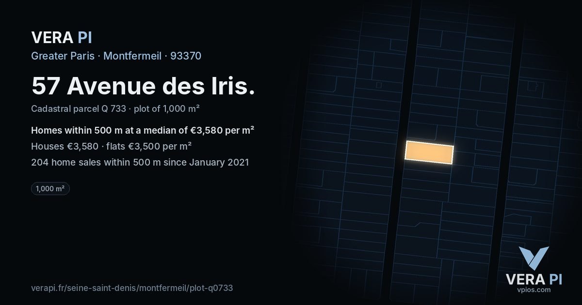 57 Avenue des Iris, Montfermeil at night – the plot lit, the parcels around coloured by the prices near them