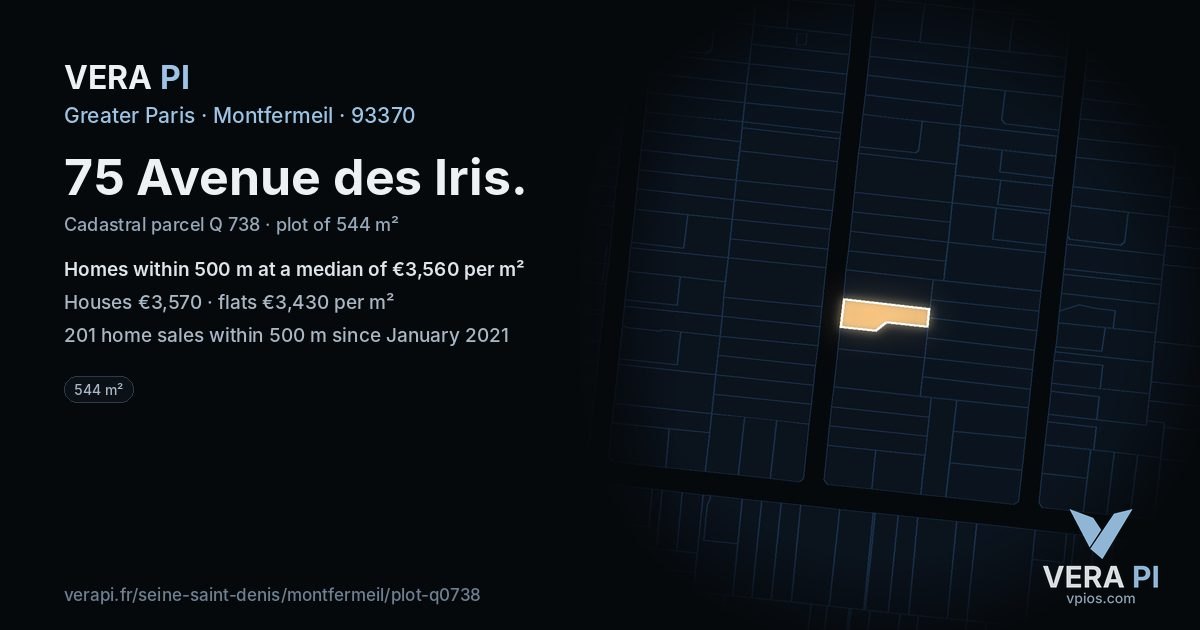 75 Avenue des Iris, Montfermeil at night – the plot lit, the parcels around coloured by the prices near them