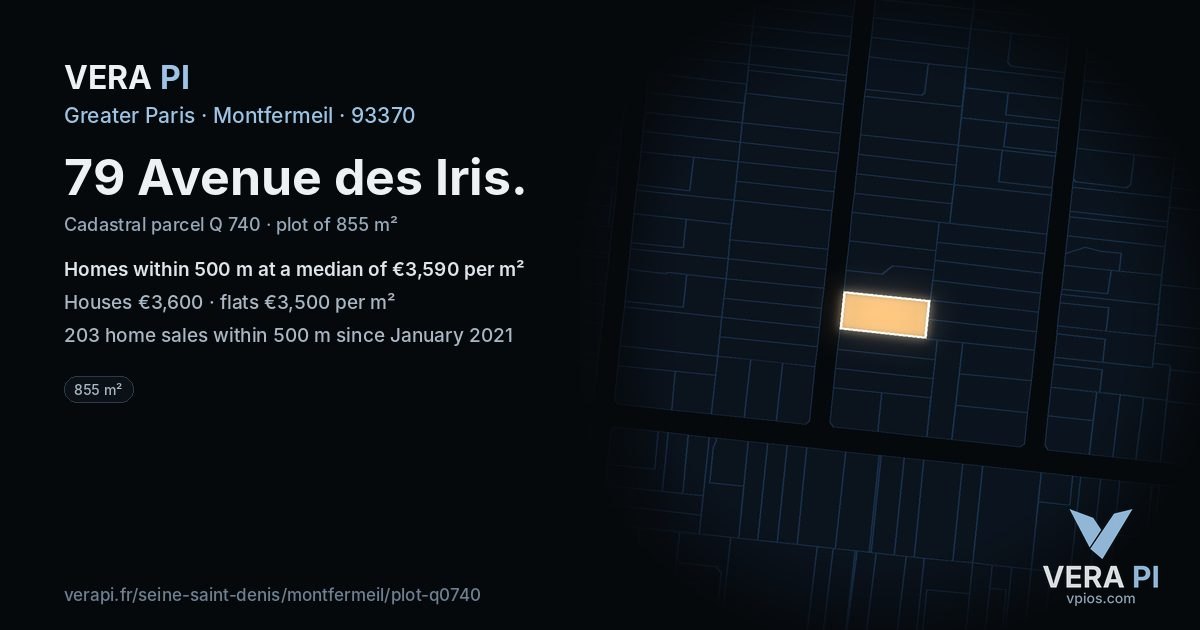 79 Avenue des Iris, Montfermeil at night – the plot lit, the parcels around coloured by the prices near them