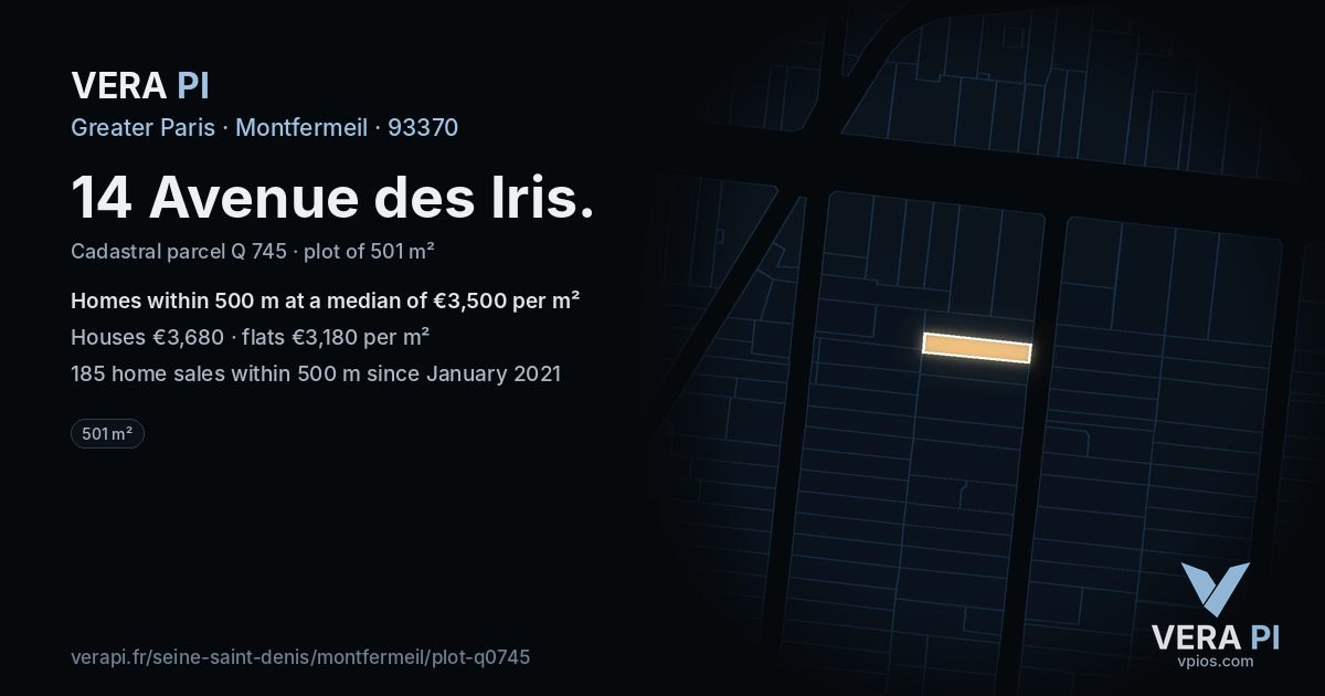 14 Avenue des Iris, Montfermeil at night – the plot lit, the parcels around coloured by the prices near them