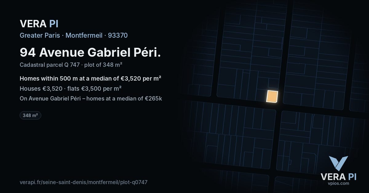 94 Avenue Gabriel Péri, Montfermeil at night – the plot lit, the parcels around coloured by the prices near them