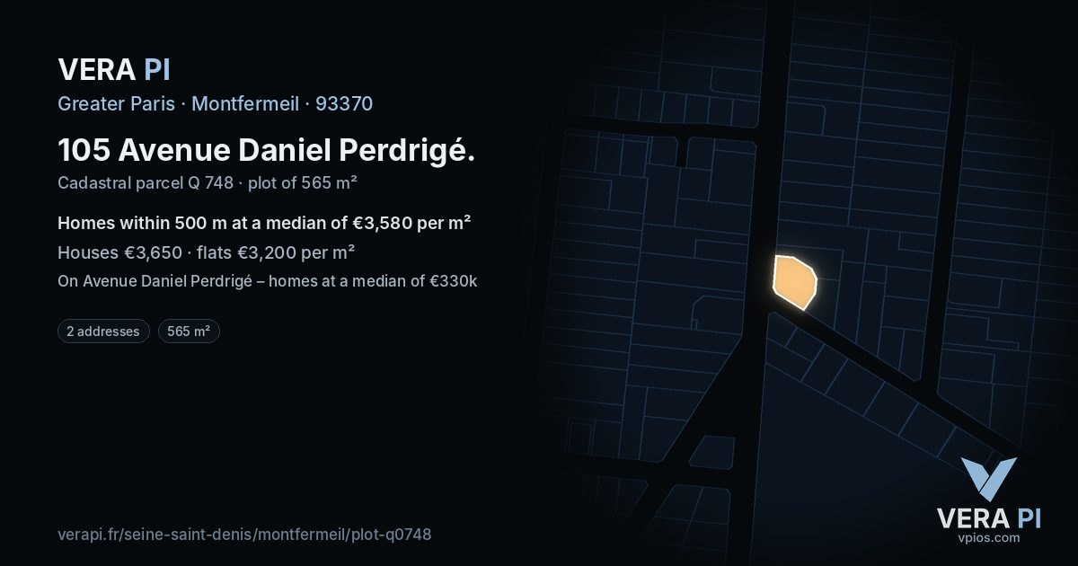 105 Avenue Daniel Perdrigé, Montfermeil at night – the plot lit, the parcels around coloured by the prices near them