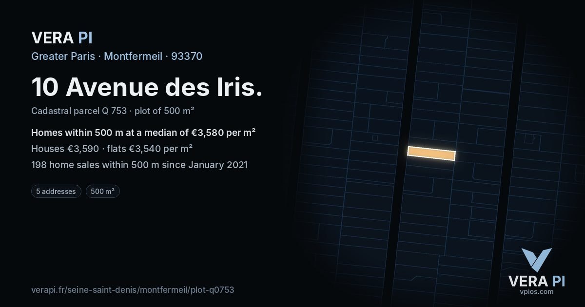 10 Avenue des Iris, Montfermeil at night – the plot lit, the parcels around coloured by the prices near them