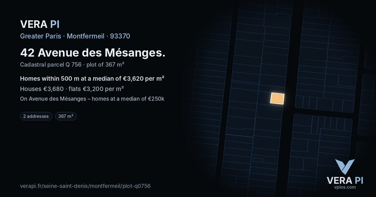 42 Avenue des Mésanges, Montfermeil at night – the plot lit, the parcels around coloured by the prices near them