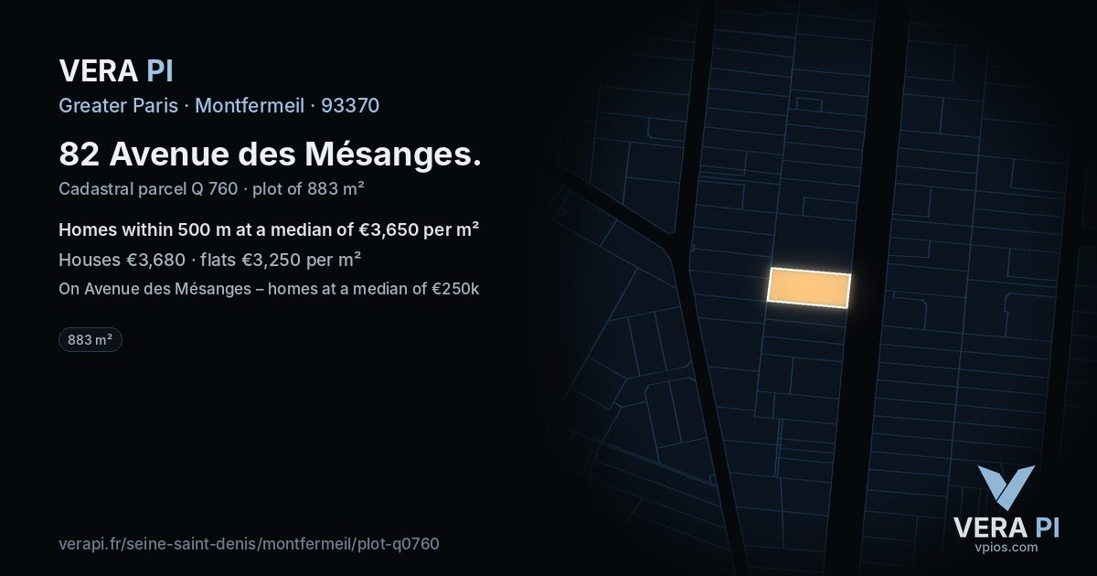 82 Avenue des Mésanges, Montfermeil at night – the plot lit, the parcels around coloured by the prices near them