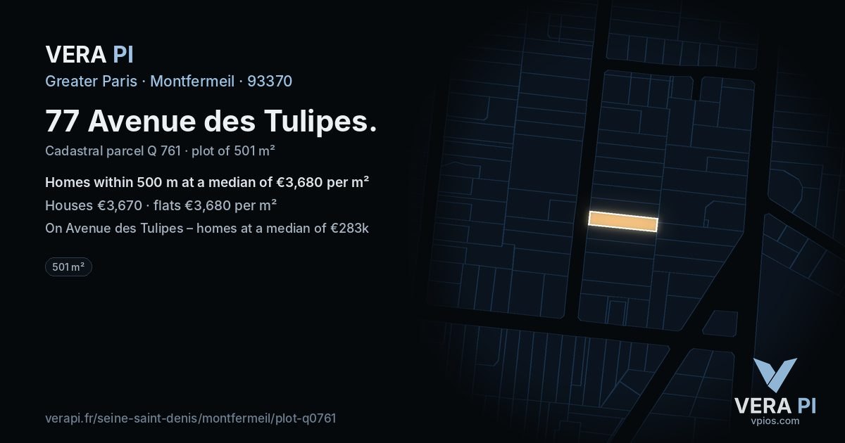 77 Avenue des Tulipes, Montfermeil at night – the plot lit, the parcels around coloured by the prices near them