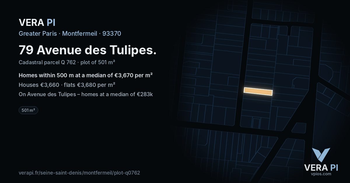 79 Avenue des Tulipes, Montfermeil at night – the plot lit, the parcels around coloured by the prices near them