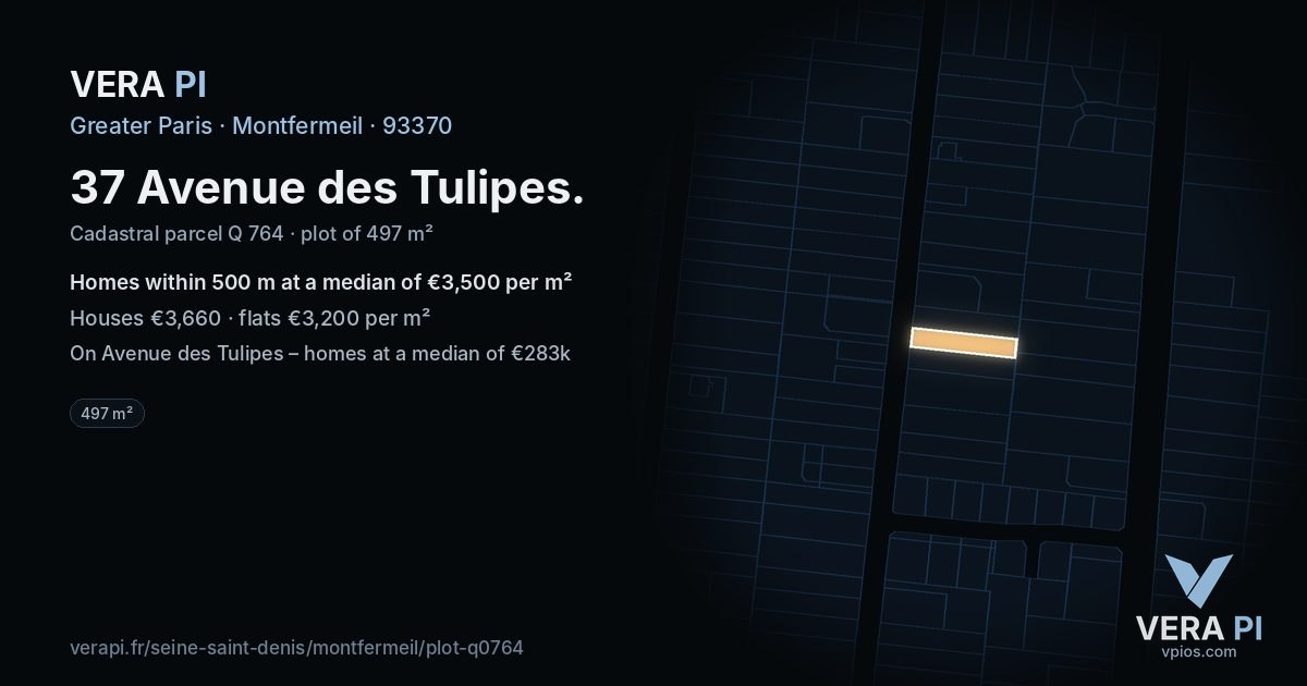 37 Avenue des Tulipes, Montfermeil at night – the plot lit, the parcels around coloured by the prices near them