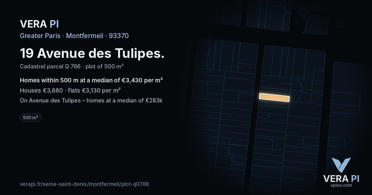 19 Avenue des Tulipes, Montfermeil at night – the plot lit, the parcels around coloured by the prices near them