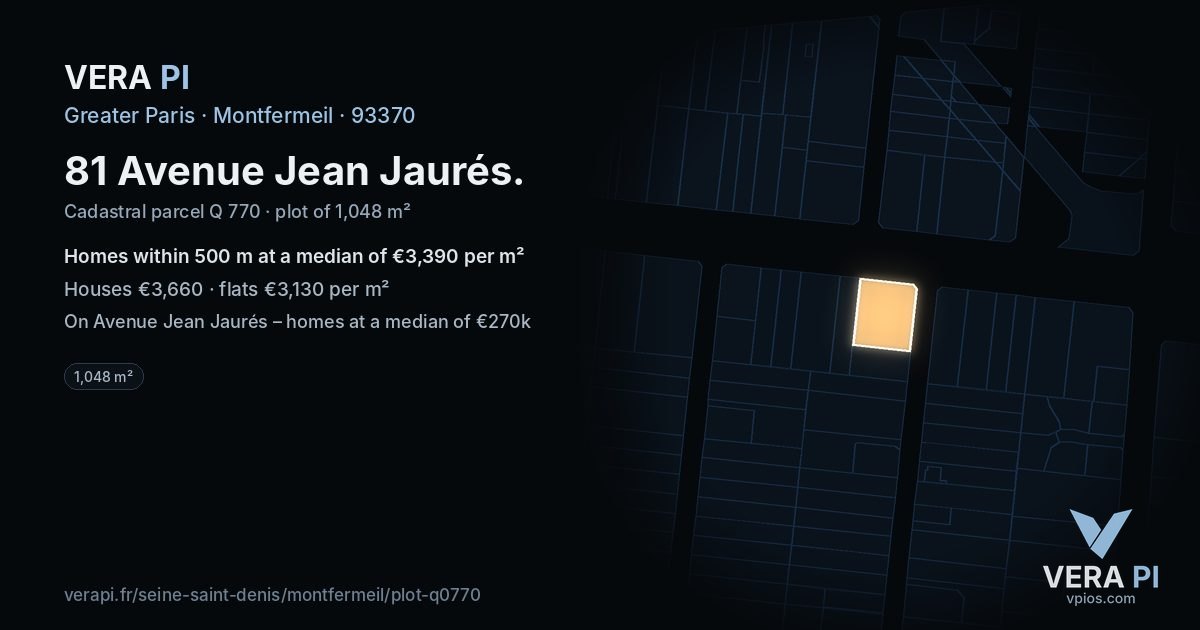 81 Avenue Jean Jaurés, Montfermeil at night – the plot lit, the parcels around coloured by the prices near them