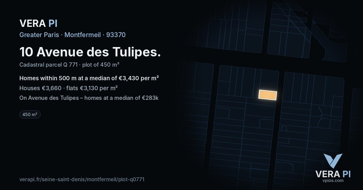 10 Avenue des Tulipes, Montfermeil at night – the plot lit, the parcels around coloured by the prices near them