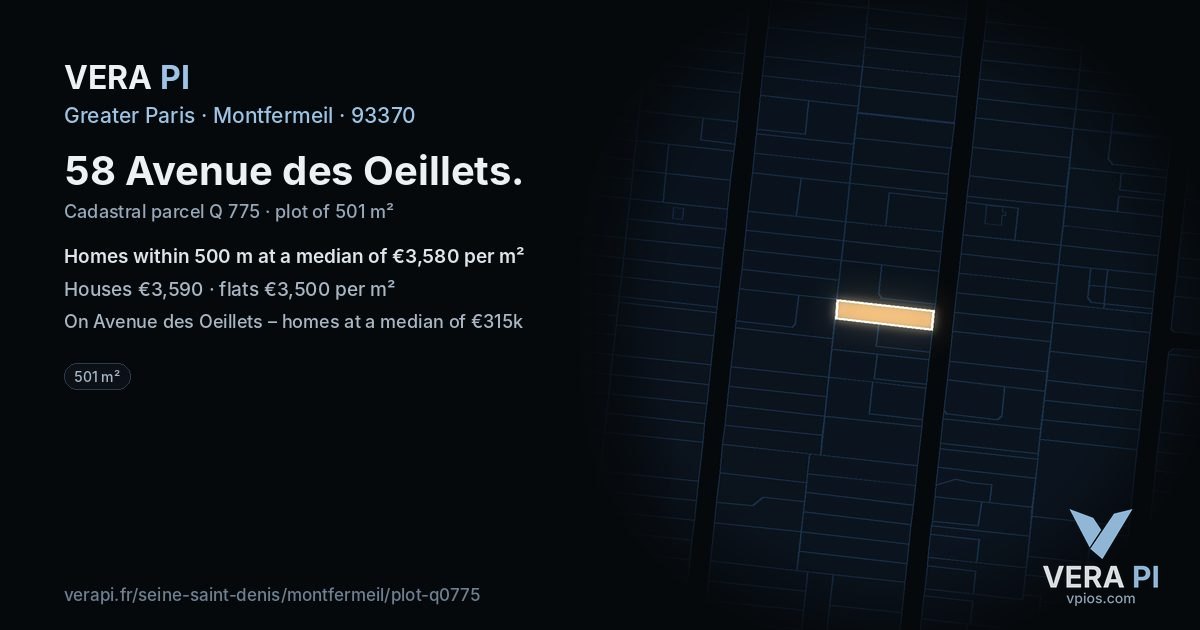 58 Avenue des Oeillets, Montfermeil at night – the plot lit, the parcels around coloured by the prices near them