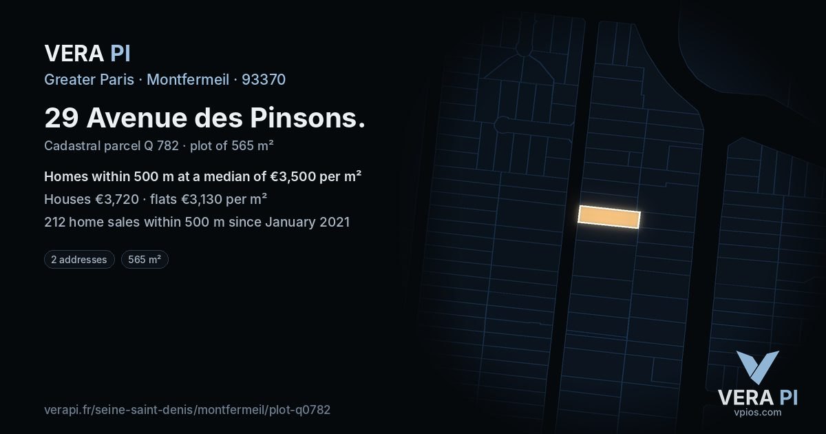 29 Avenue des Pinsons, Montfermeil at night – the plot lit, the parcels around coloured by the prices near them