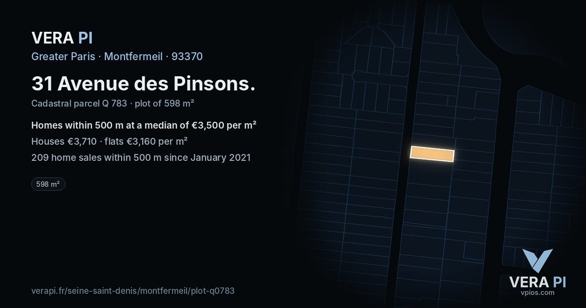 31 Avenue des Pinsons, Montfermeil at night – the plot lit, the parcels around coloured by the prices near them
