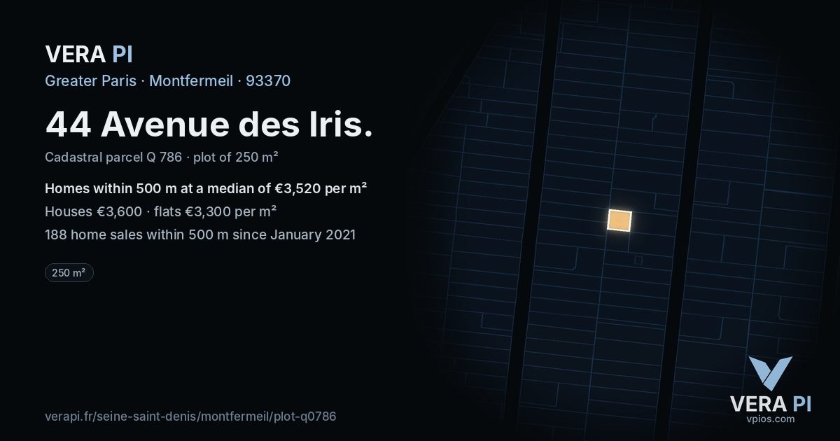 44 Avenue des Iris, Montfermeil at night – the plot lit, the parcels around coloured by the prices near them