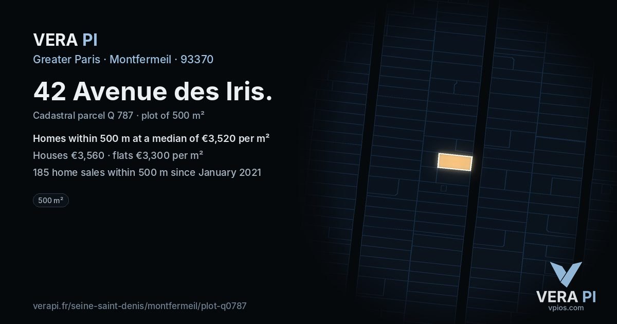 42 Avenue des Iris, Montfermeil at night – the plot lit, the parcels around coloured by the prices near them