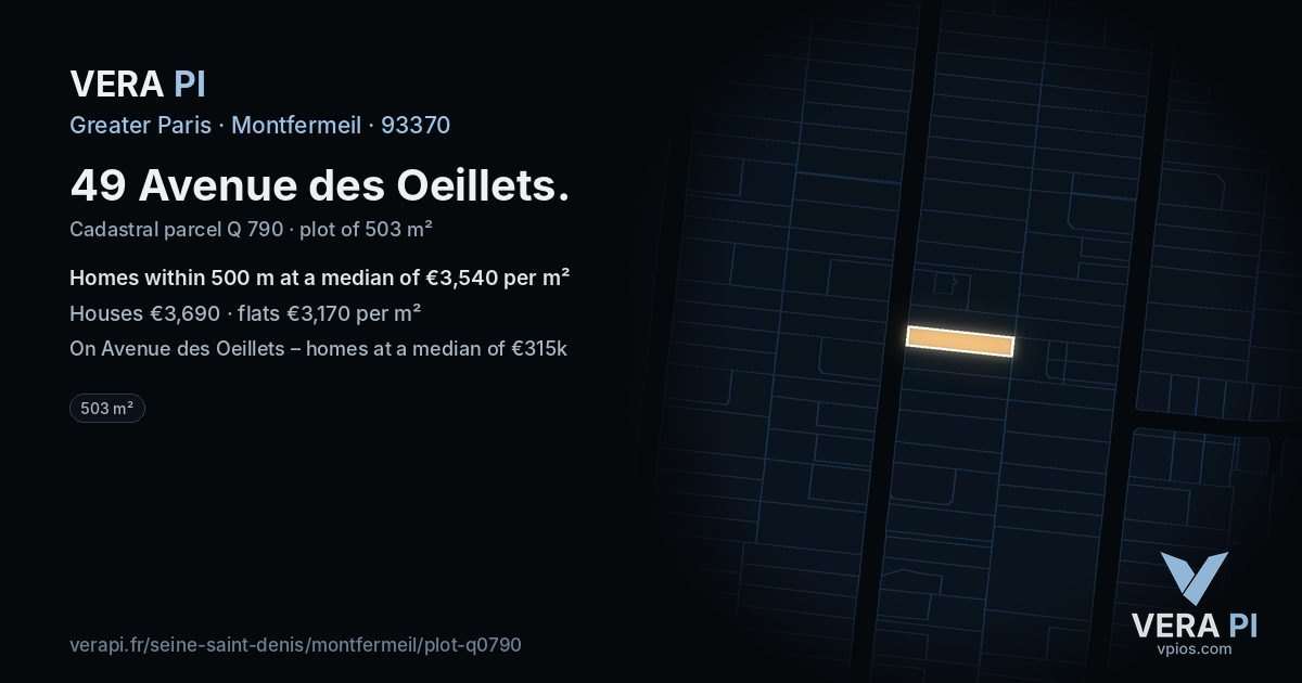 49 Avenue des Oeillets, Montfermeil at night – the plot lit, the parcels around coloured by the prices near them