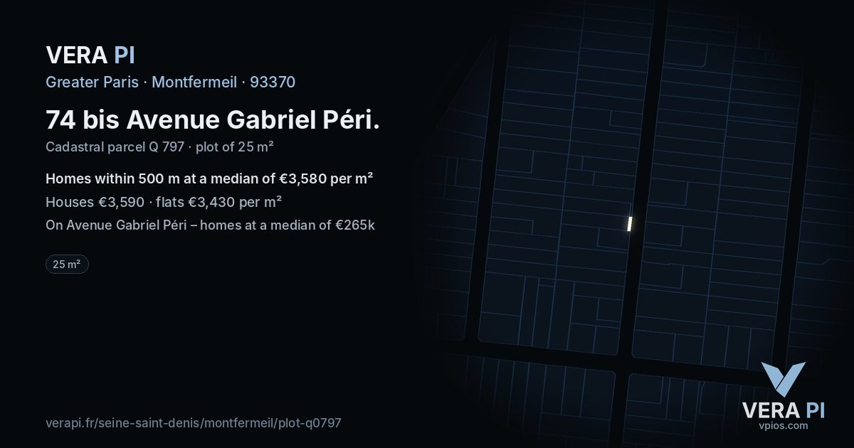74 bis Avenue Gabriel Péri, Montfermeil at night – the plot lit, the parcels around coloured by the prices near them