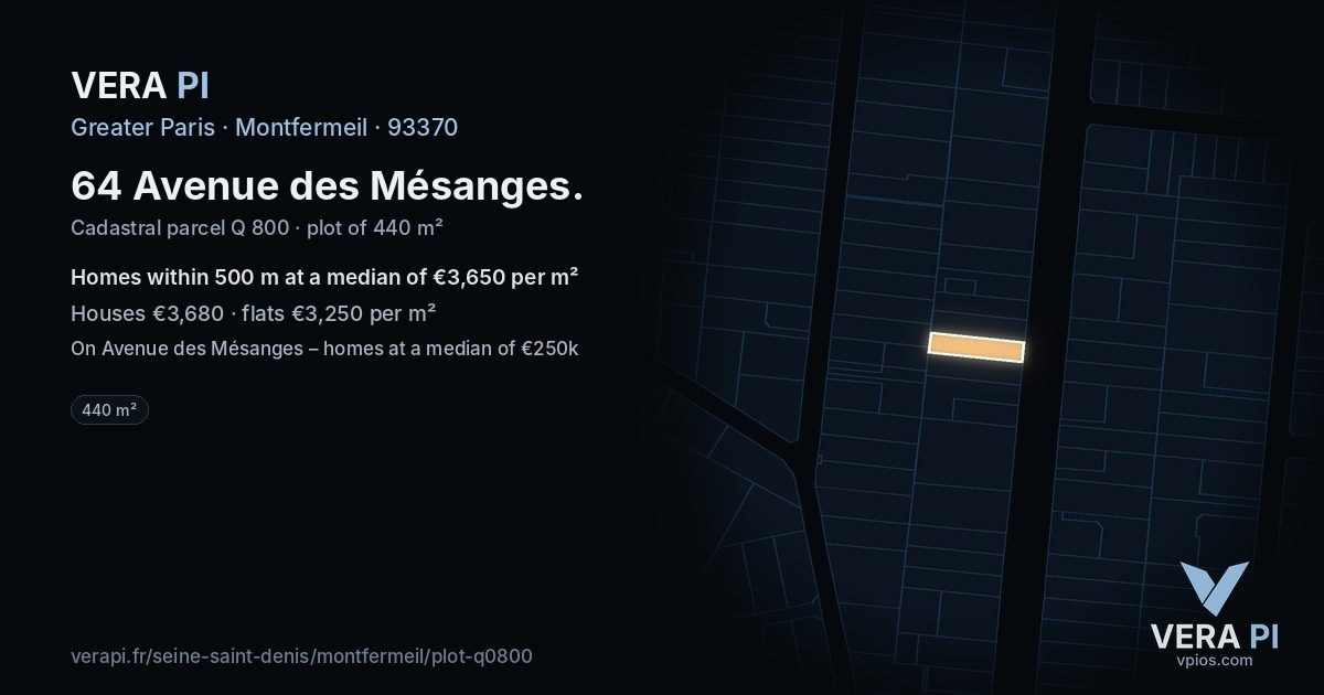 64 Avenue des Mésanges, Montfermeil at night – the plot lit, the parcels around coloured by the prices near them