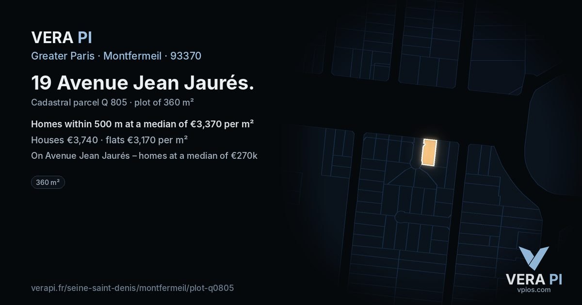 19 Avenue Jean Jaurés, Montfermeil at night – the plot lit, the parcels around coloured by the prices near them