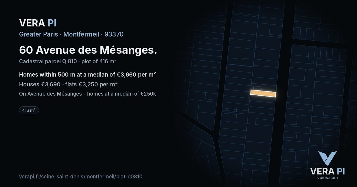 60 Avenue des Mésanges, Montfermeil at night – the plot lit, the parcels around coloured by the prices near them