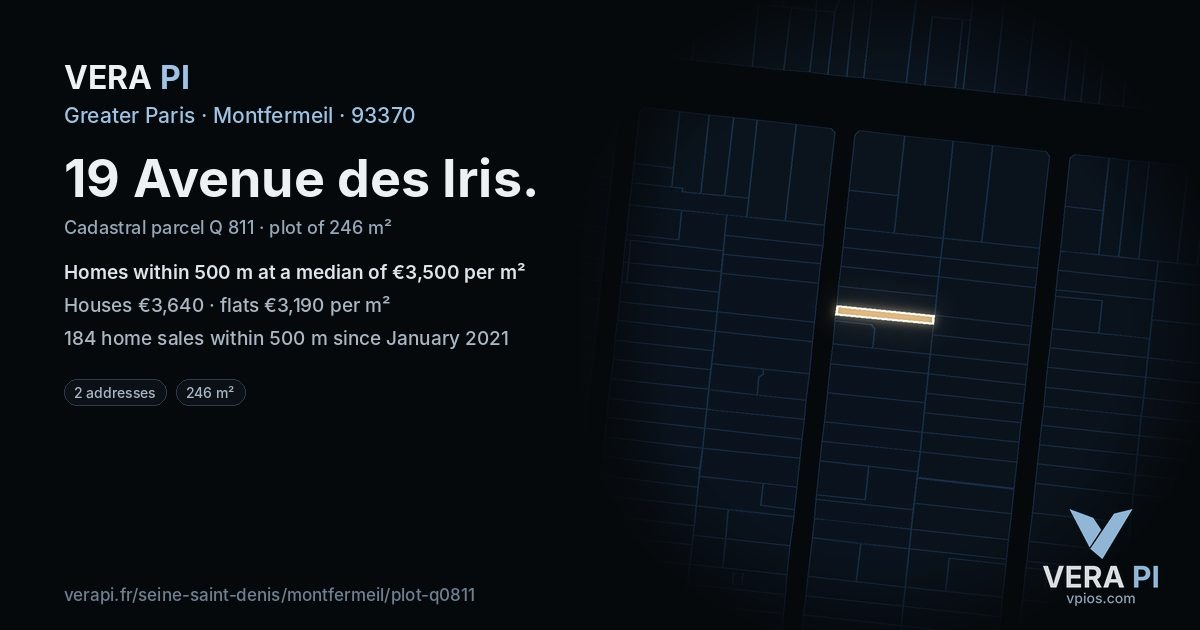 19 Avenue des Iris, Montfermeil at night – the plot lit, the parcels around coloured by the prices near them
