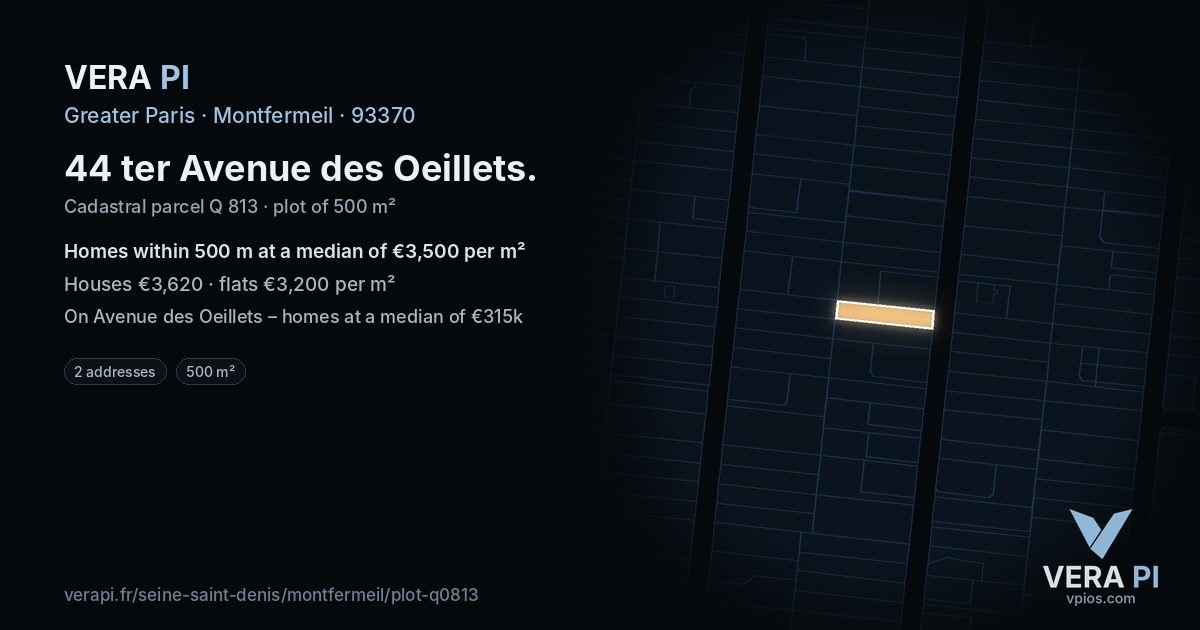 44 ter Avenue des Oeillets, Montfermeil at night – the plot lit, the parcels around coloured by the prices near them
