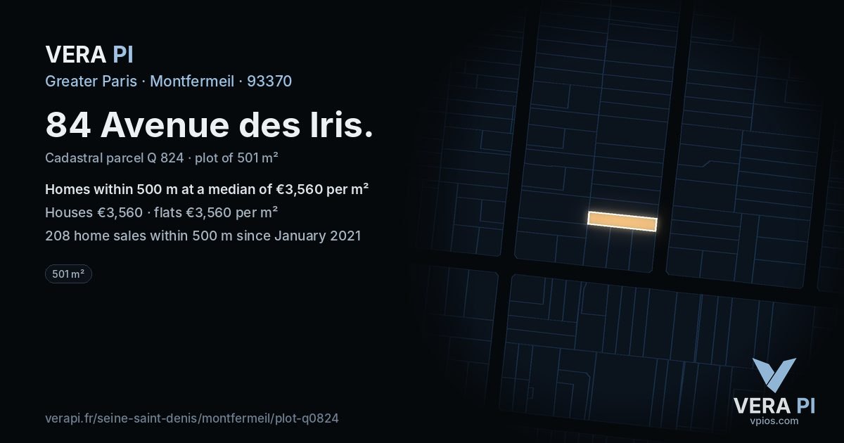 84 Avenue des Iris, Montfermeil at night – the plot lit, the parcels around coloured by the prices near them