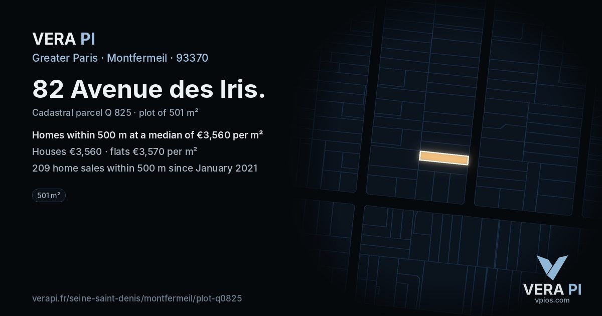 82 Avenue des Iris, Montfermeil at night – the plot lit, the parcels around coloured by the prices near them
