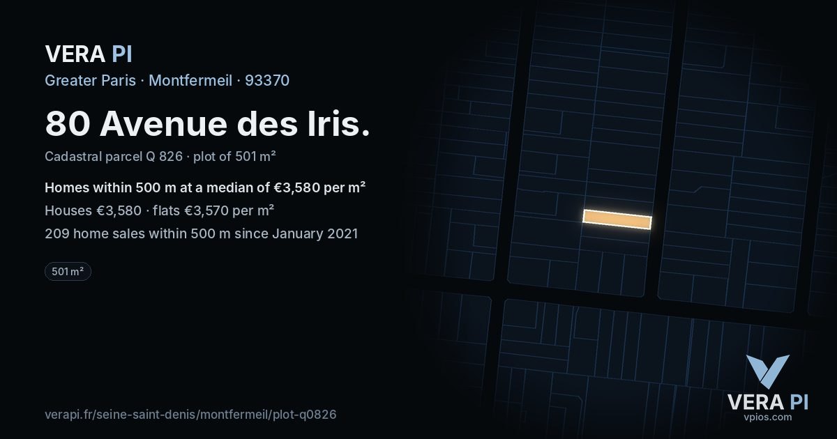 80 Avenue des Iris, Montfermeil at night – the plot lit, the parcels around coloured by the prices near them