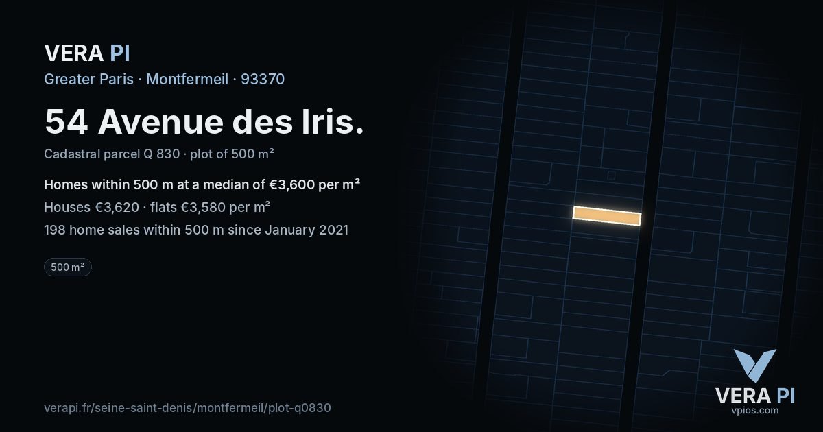 54 Avenue des Iris, Montfermeil at night – the plot lit, the parcels around coloured by the prices near them