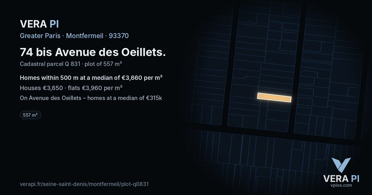 74 bis Avenue des Oeillets, Montfermeil at night – the plot lit, the parcels around coloured by the prices near them