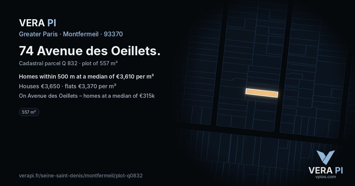 74 Avenue des Oeillets, Montfermeil at night – the plot lit, the parcels around coloured by the prices near them