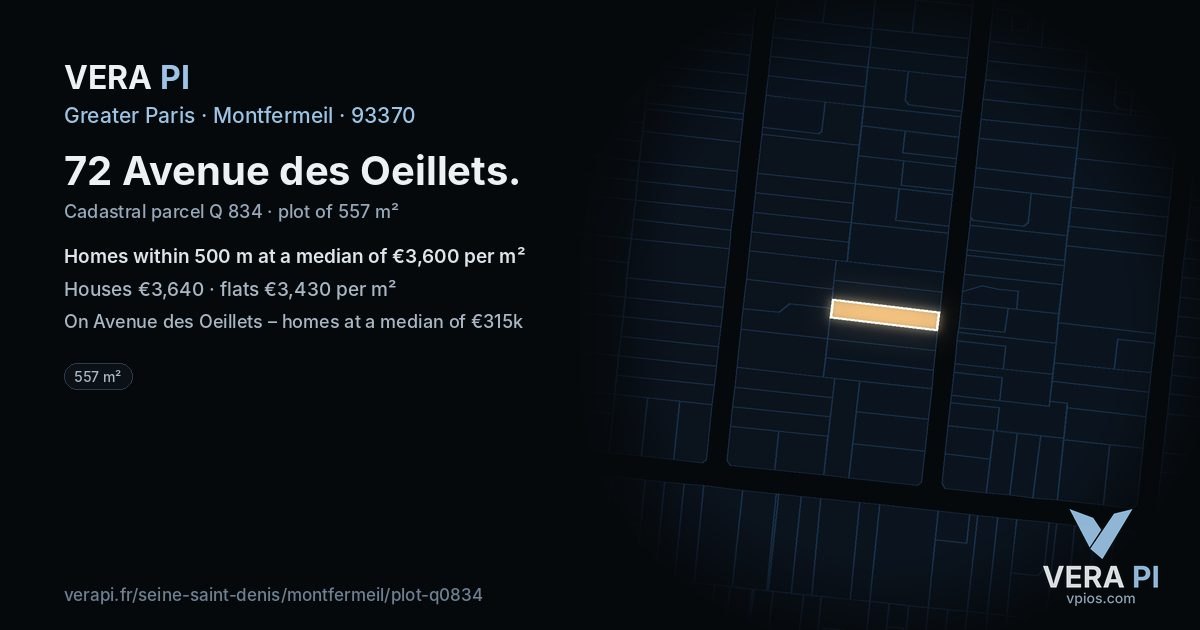 72 Avenue des Oeillets, Montfermeil at night – the plot lit, the parcels around coloured by the prices near them
