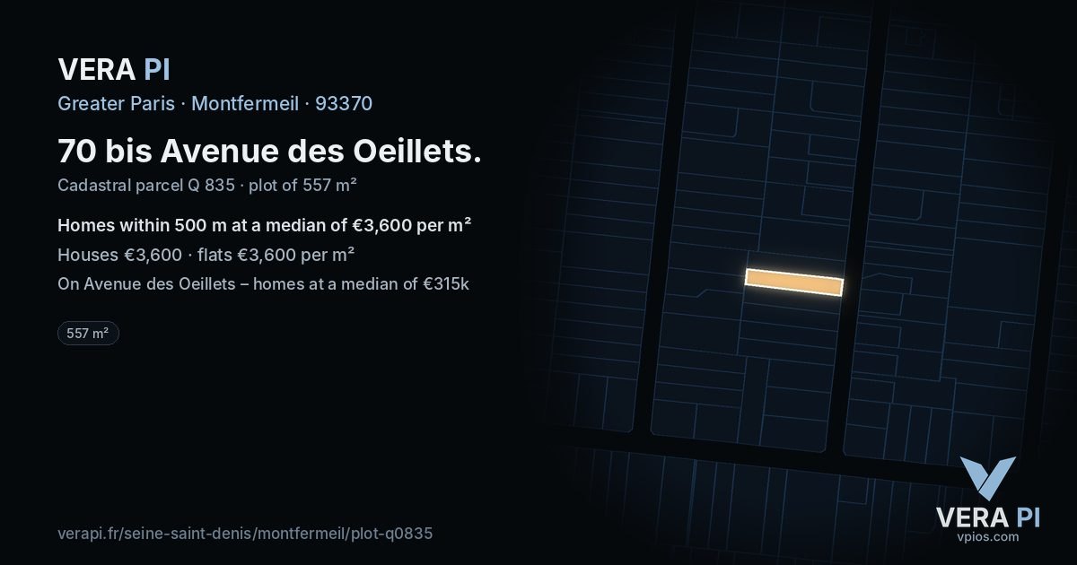 70 bis Avenue des Oeillets, Montfermeil at night – the plot lit, the parcels around coloured by the prices near them